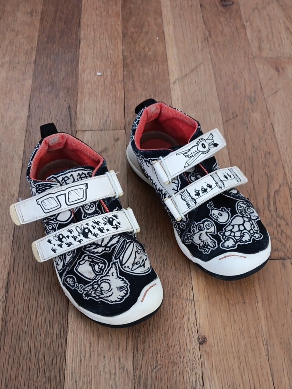 Kids Black & White Velcro Sneakers with Fun Character Print